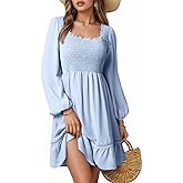 Dokotoo Dresses for Women 2026 Square Neck Long Sleeve Smocked Dress Flowy Tiered Ruffle Lace Beach Dress
