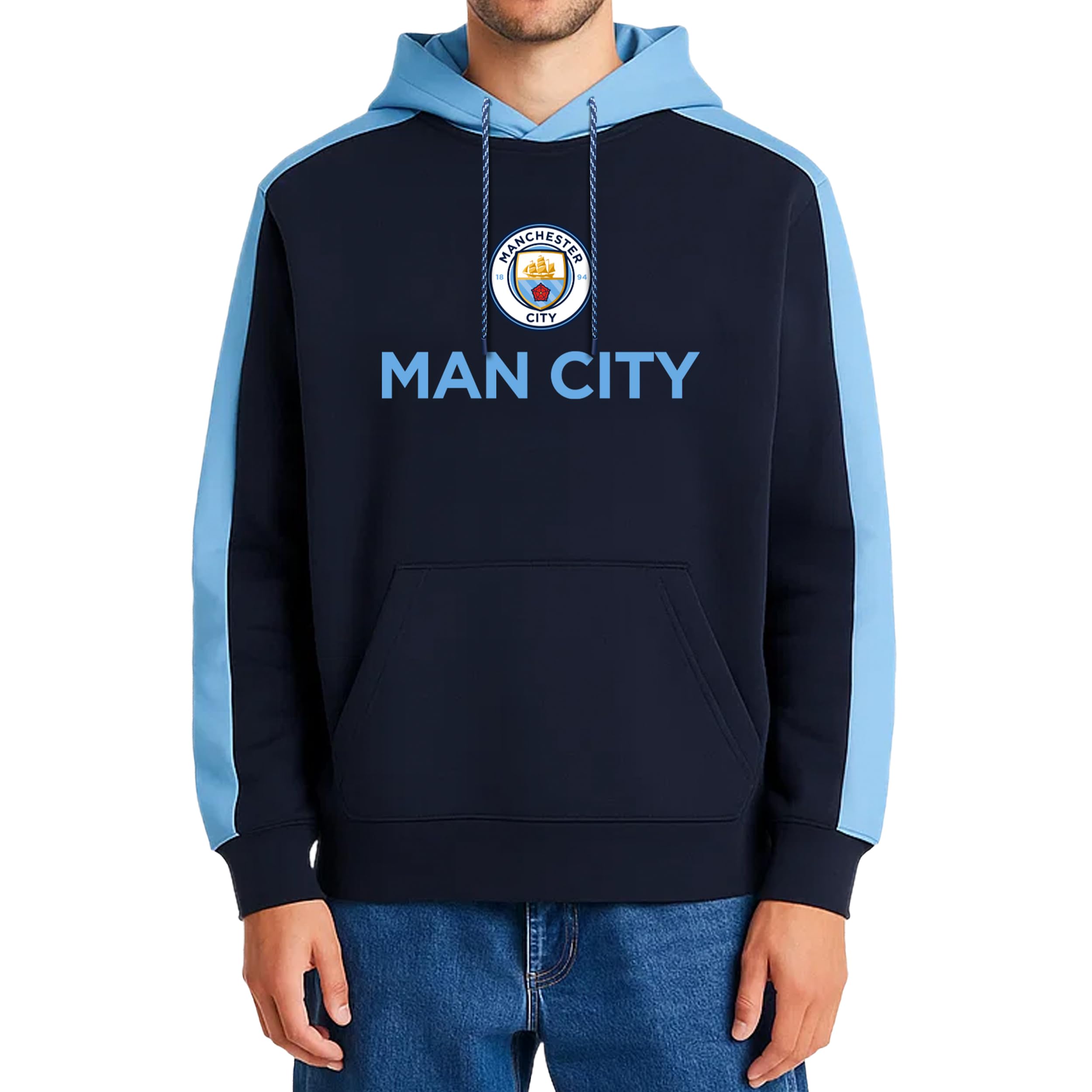 Icon Sports English Premiership Manchester City Mens Side Step Pullover Hoodie, Navy, Small