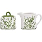 Bico Green Garden Toile De Jouy Ceramic Sugar and Creamer Set with Lid | 11oz lidded sugar bowl and 14oz creamer for a coffee bar, tea tray or breakfast table. Microwave and dishwasher safe.