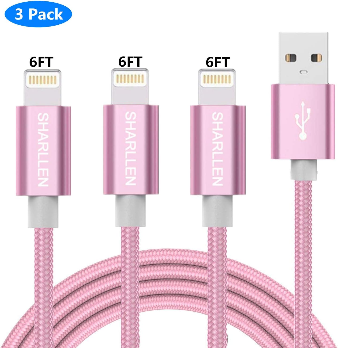 sharllen iPhone Charging Cable, 6/6/6FT MFi Certified Nylon Braided Lightning Cables Fast USB Charging&Syncing Cord Compatible iPhone Charger XS/Max/XR/X/8P/8/7/7P/6/iPad/iPod 3 Pack (Rose Gold 6FT)