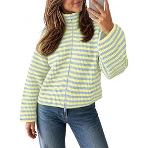 Saodimallsu Womens Striped Zip Up Sweaters Mock Neck 2026 Fall Trendy Casual Long Sleeve Loose Fit Knit Cardigan Tops