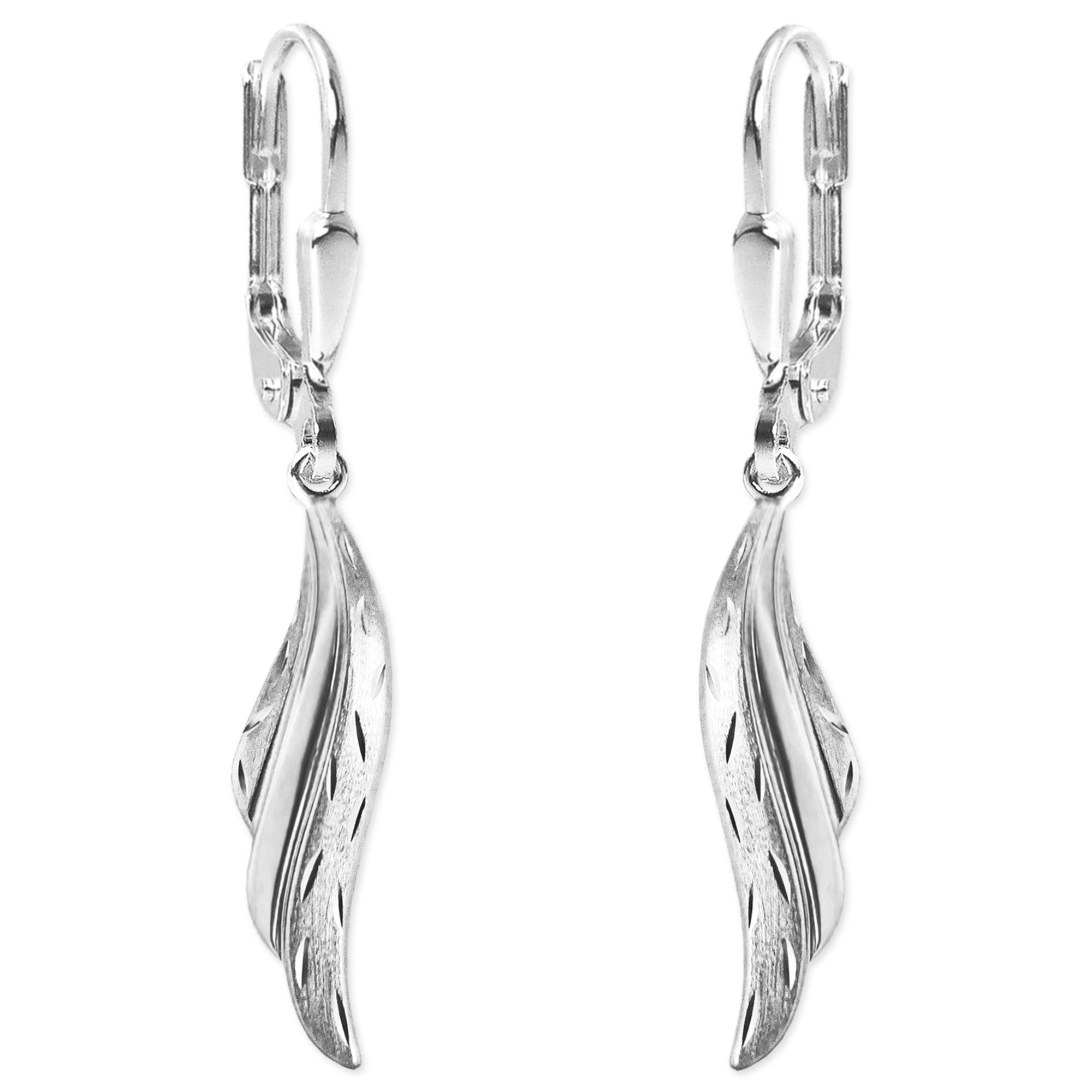 CLEVER SCHMUCK 925 Sterling Silver Earrings, Total Length: 35 mm, with Small, Wavy, Fanned Wings measuring 20 mm in a Combination of Diamond-Cut, Shiny and Satin Finishes, Hollow Back