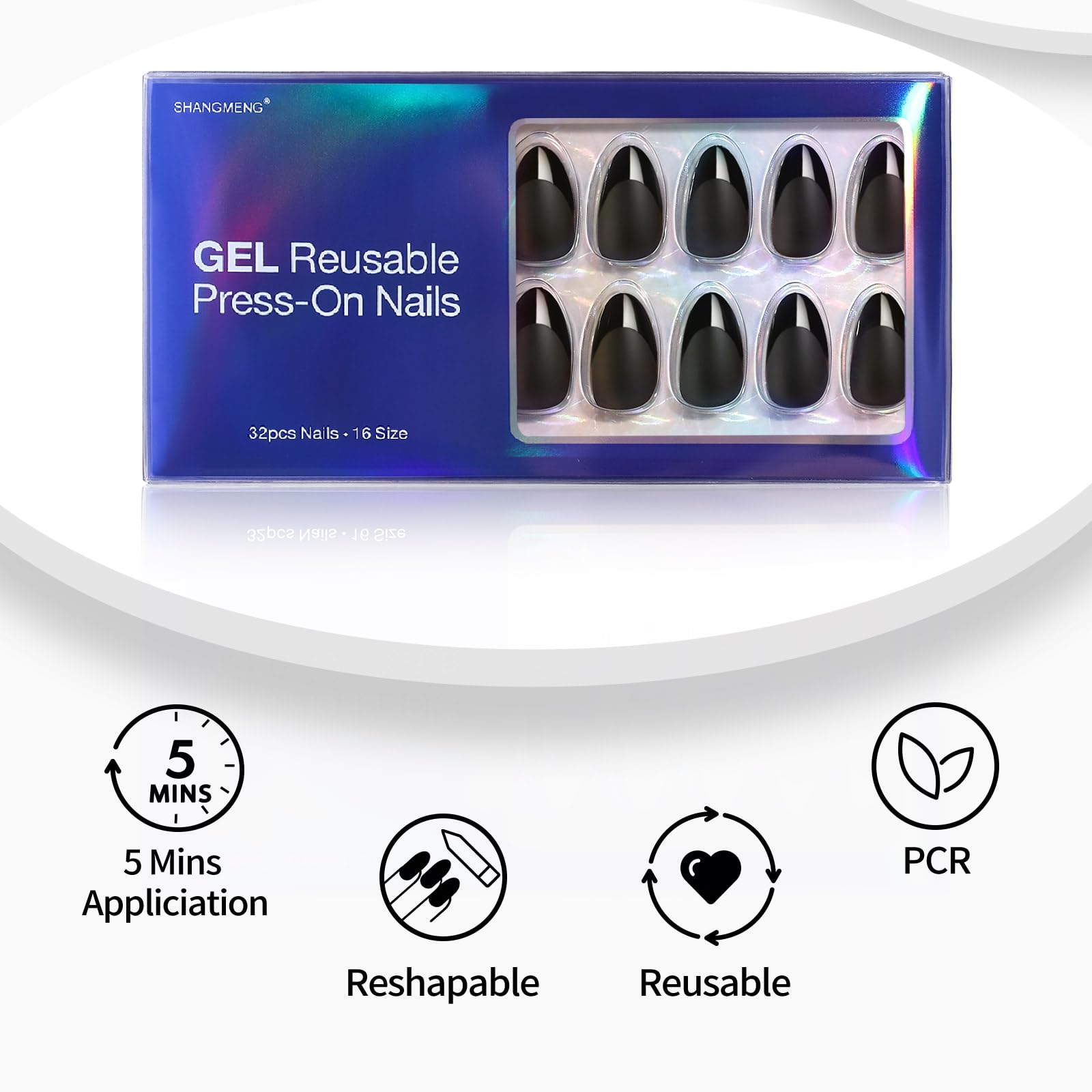 SHANGMENG Matte Black French Tip Press on Nails Almond - Soft Gel Press on Nails Short for Women Gift, Fit Perfectly & Natural Stick on Nails with Glue in 16 Sizes - 32 Reusable Fake Nails, Black - Image 4