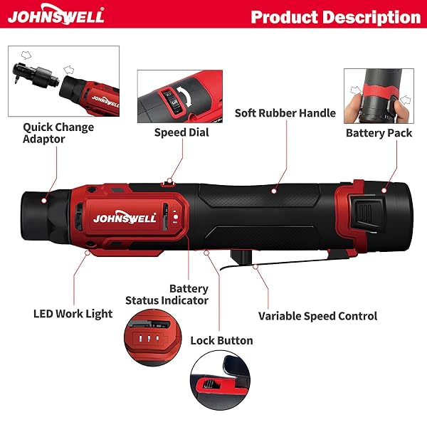 JOHNSWELL 12V CORDLESS BRUSHLESS RATCHET WRENCH + DIE GRINDER + SCREWDRIVER KIT(3-IN-1), 7-SPEED CONTROL,18,000 RPM, 2 BATTERIES