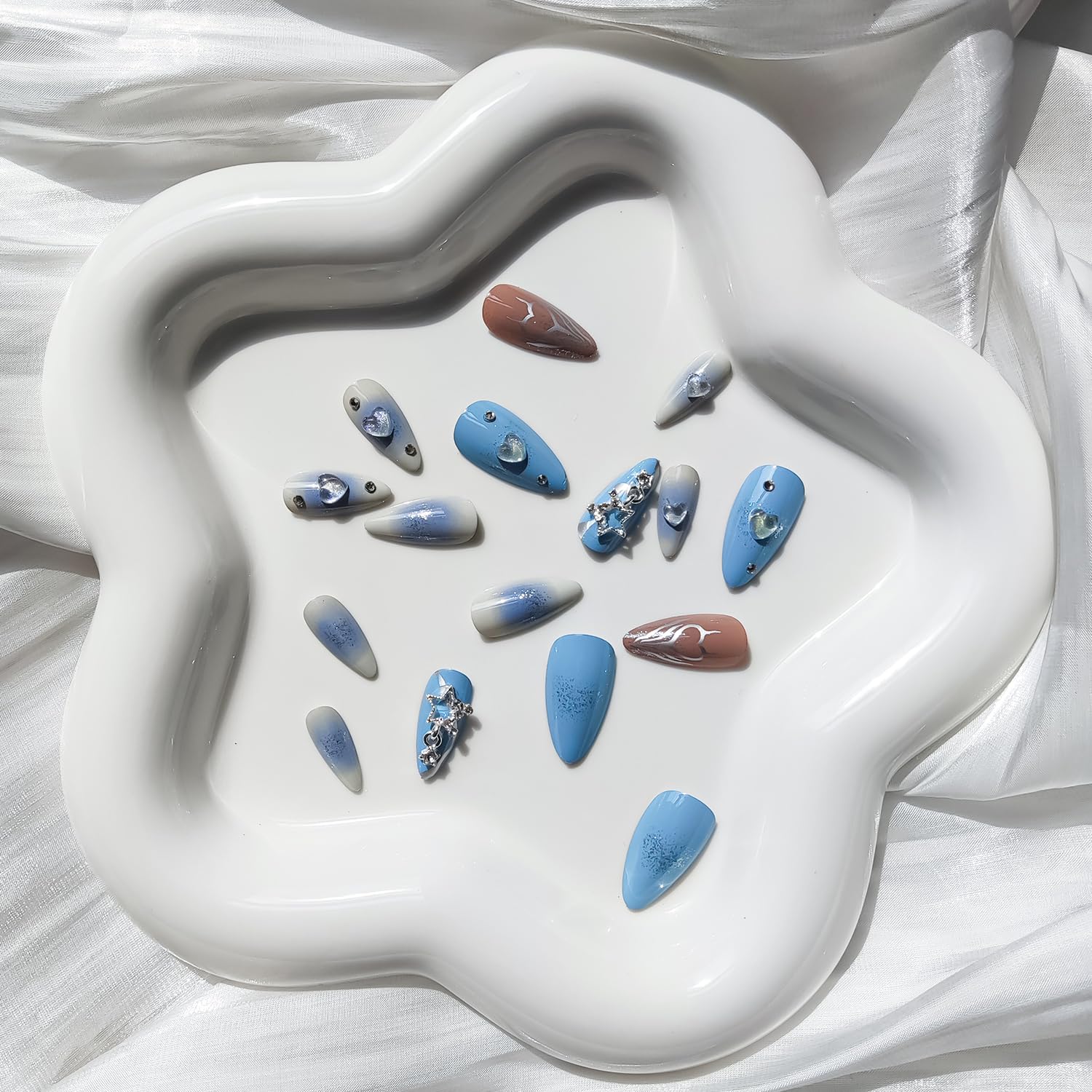 24 Pcs Press on Nails Medium RIICFDD Almond Fake Nails Star Rhinestone Charm Designs Full Cover Stick on Nails Blue Glossy False Nails Glue on Nails for Women Artificial Nails - Image 3