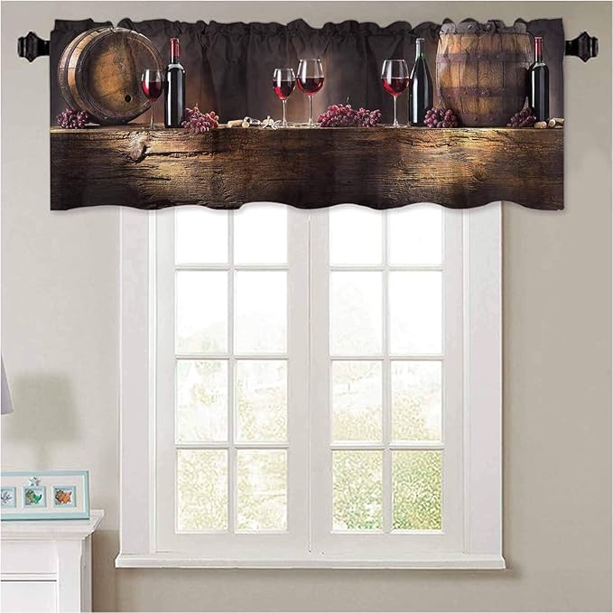 YUAZHOQI Kitchen Curtain Valance Winery Decor Red Wine Barrels Bottles
