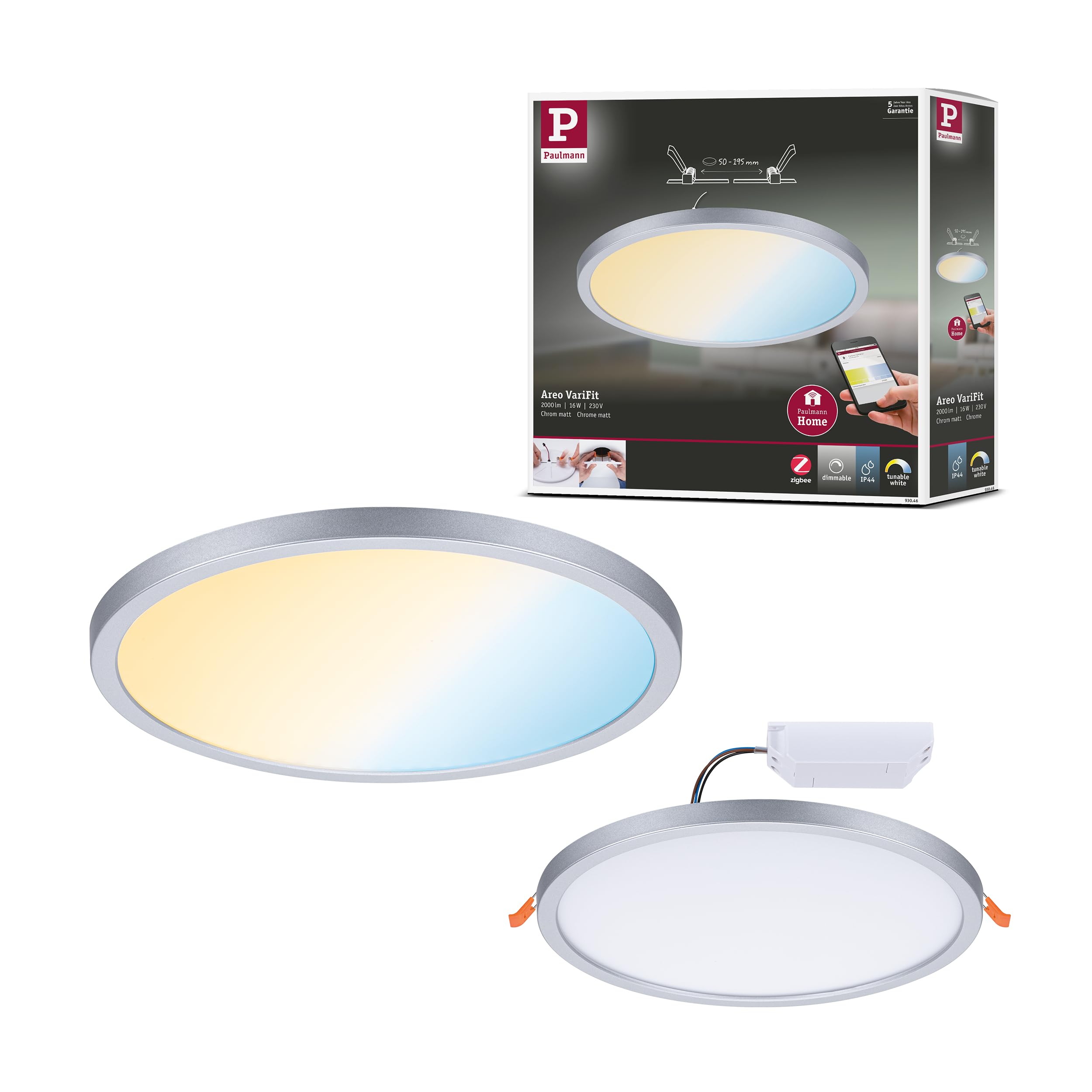 Paulmann 93046 Areo VariFit LED Panel recessed luminaire IP44 Zigbee Tunable White 230mm Round incl. 1x16W dimmable Chrome matt Plastic 3000K