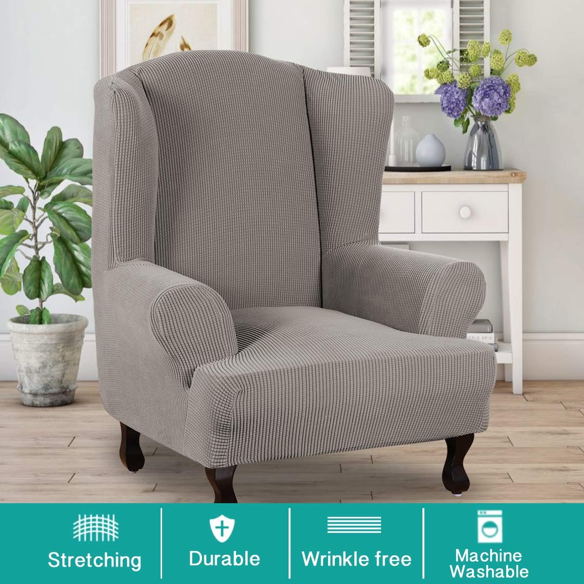 Turquoize Stretch Wingback Chair Slipcover Slipcovers for Wingback Chairs Sofa Slipcover 1-Piece Wing Chair Cover Sofa Cover with Elastic Bottom Jacquard Furniture Protector (Wing Chair, Off White): Home & Kitchen