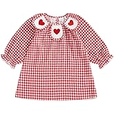 Motlapol Toddler Girl Valentines Day Dress Heart Embroidery Plaid Print Long Sleeve Peter Pan Collar Dress Kids Spring Outfit
