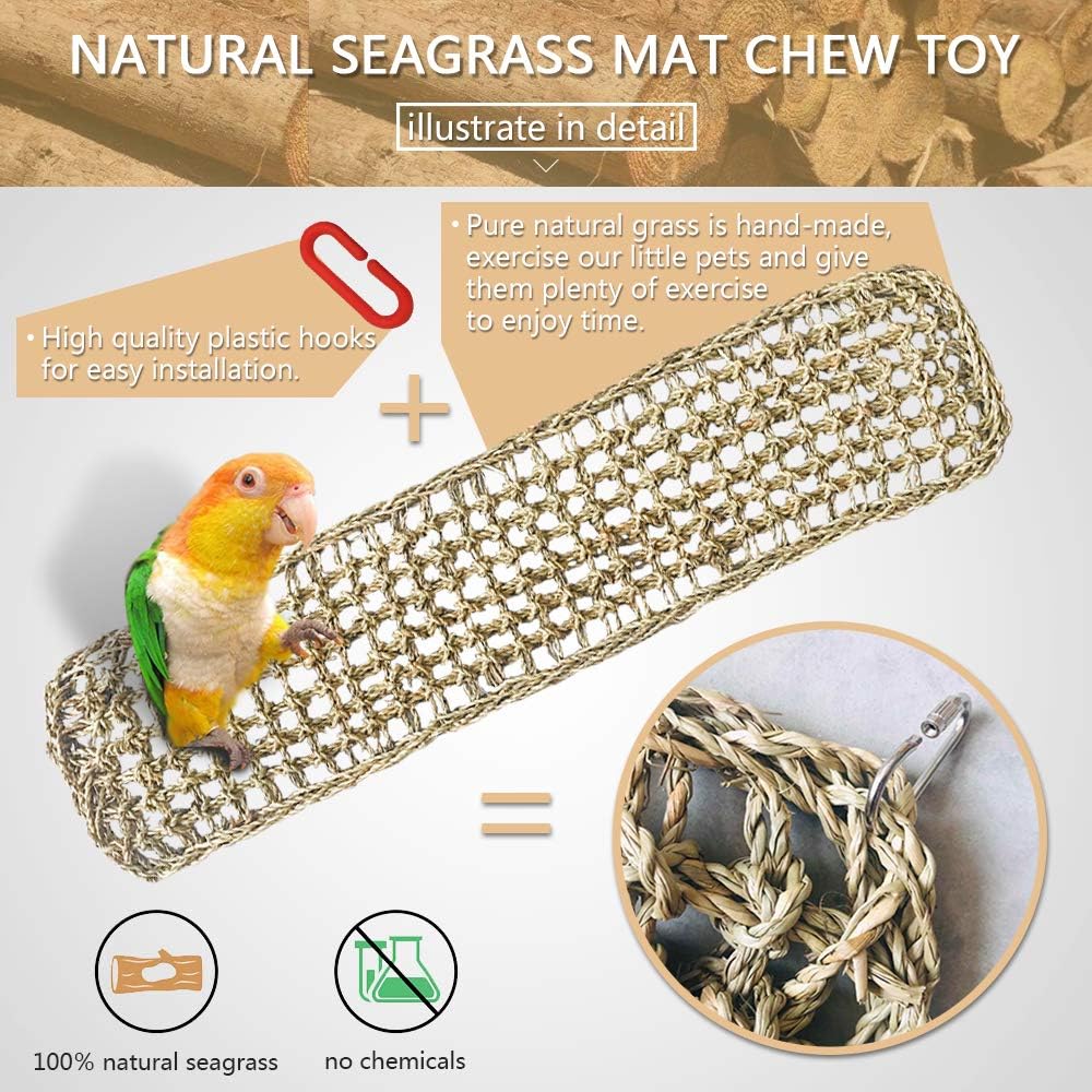 Bird Seagrass Mat, Natural Grass Woven Net Hammock Hanging on Parrot Cage with 4 Hooks, Parakeet Climbing Rope Ladder Chew Toys for Lovebird Cockatiel Conure Budgie, Cockatoo Supplies 28.3" x 6.7" : Pet Supplies