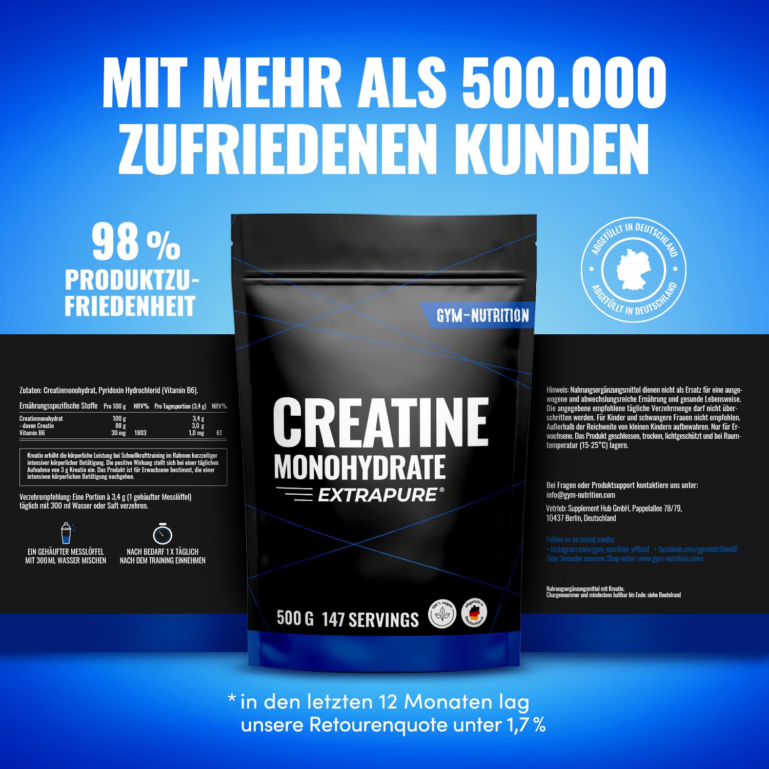 Creatin Monohydrat Pulver 500g - Kreatin Monohydrat in mikronisierter Qualität 100% vegan - Laborgeprüft 3