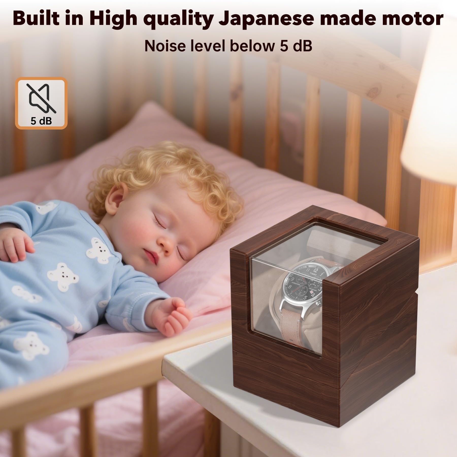 Racokky Automatic Single Watch Winder Box for Rolex and Other Watches, Ultra Quiet Japanese Motor, Self Winding Rotating Wooden Watch Case, Battery or AC Powered, Premium Watch Box for Men and Women