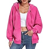 ALSOGO Womens Double Zip Up Oversized Hoodie Fleece Acid Wash Long Sleeve Sweatshirts Distressed Vintage Cotton Jackets