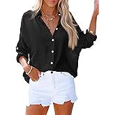AISEW Womens Button Down V Neck Collared Shirts Dressy Casual Long Sleeve Roll Up Blouses Loose Cover Ups Tunic Tops