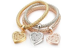 Capital Charms Three in One Stretch Charm Bracelet Set for Girls and Women - Three Tone Popcorn Chain Design