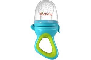 RaZbaby Baby Solids/Frozen Fruit Feeder Pacifier, Infant Teether Toy 6M+, BPA-Free Silicone Pouch & Nipple, Safely Introduce Solids, Natural Teething Relief, Dishwasher Safe, Freezable – Blue/Green