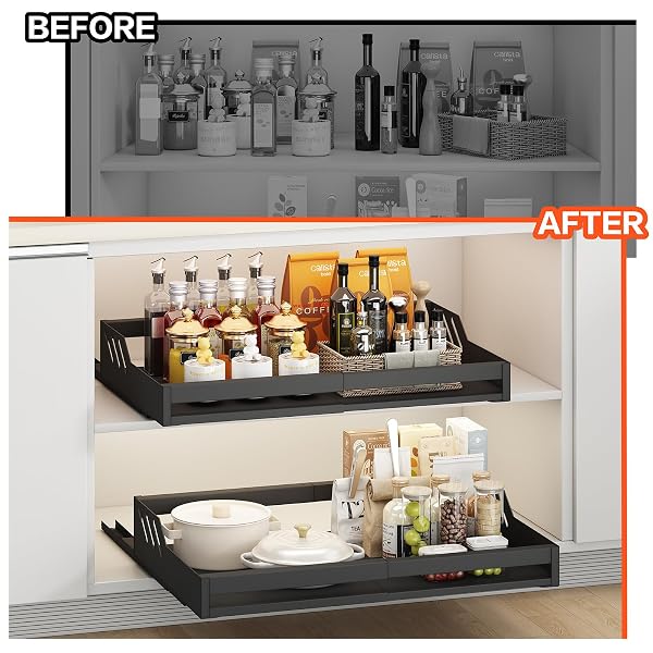 WONCHERRY EXPANDABLE PULL OUT CABINET ORGANIZER, ADJUSTABLE(13″-21.7″W X16.9″D) SLIDING DRAWER ORGANIZER, NO SCREW/PUNCH SLIDE OUT UNDER SINK CABINET STORAGE SHELF FOR KITCHEN PANTRY HOME, BLACK 1PACK