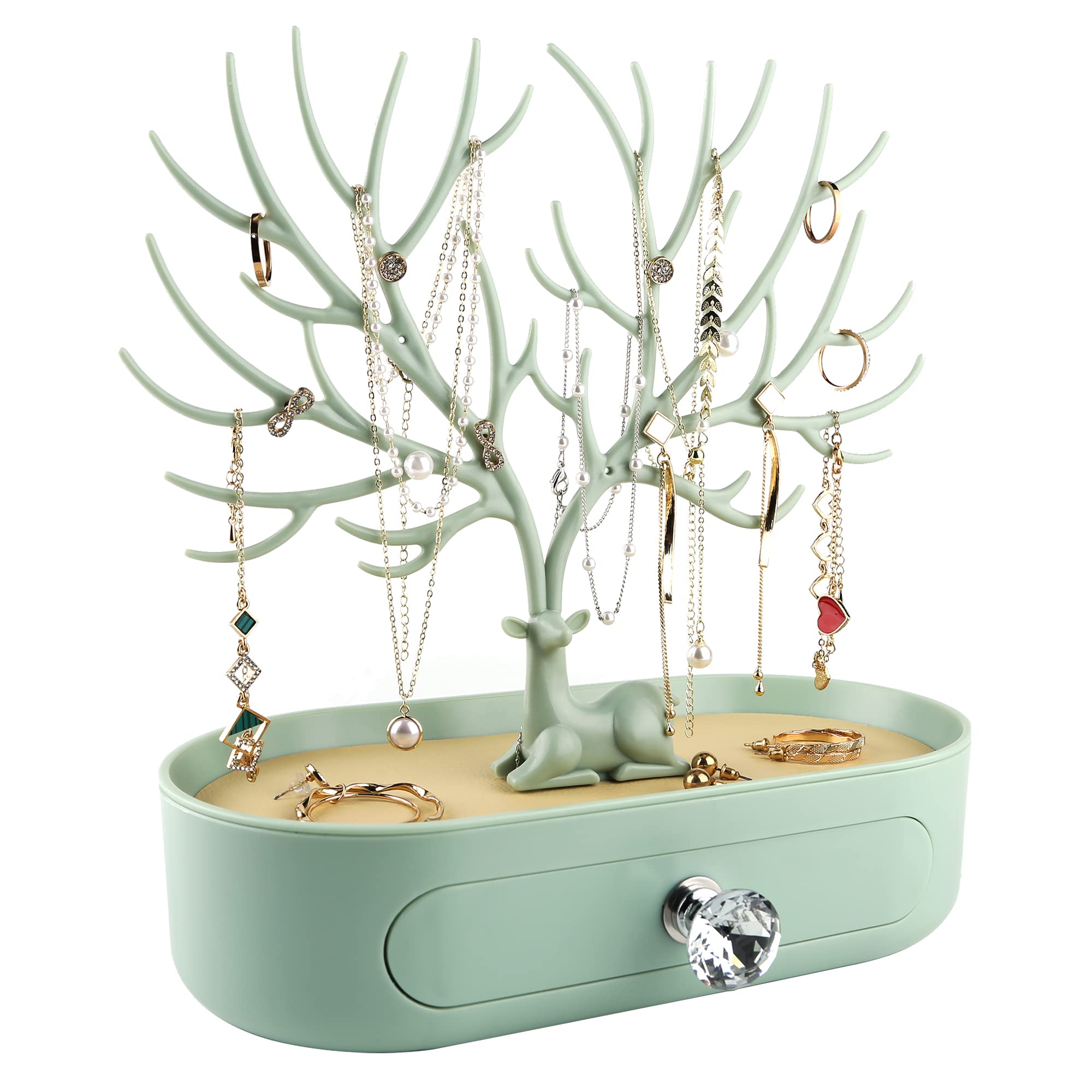 MORE&LESS Antlers Jewelry Display Stand with Drawer and Crystal Handle, Tree Tower Rack Hanging Organizer for Ring Earrings Necklace Bracelet