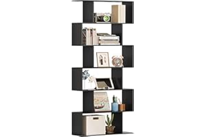 Function Home 6-Tier Bookshelf, Wooden S-Shaped Bookcase, Display Shelf for Living Room, Bedroom and Study Room in Black