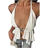 Verdusa Women's Halter Top Boho Vacation Outfits Metal Star Backless Ruffle Asymmetrical Going Out Tops