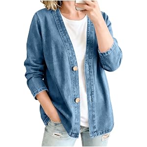 Carydety Women's Jean Jacket Classic Long Sleeve Button Down Denim Cardigan V Neck Collarless Denim Jacket