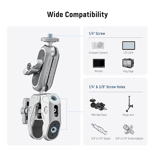 Reflex Camera Super Clamp & Magic Arm Mount With Double Ball Head – 2kg Load Capacity, 1/4\" & 3/8\" Screw, Adjustable For Monitors, LED Lights, Mics