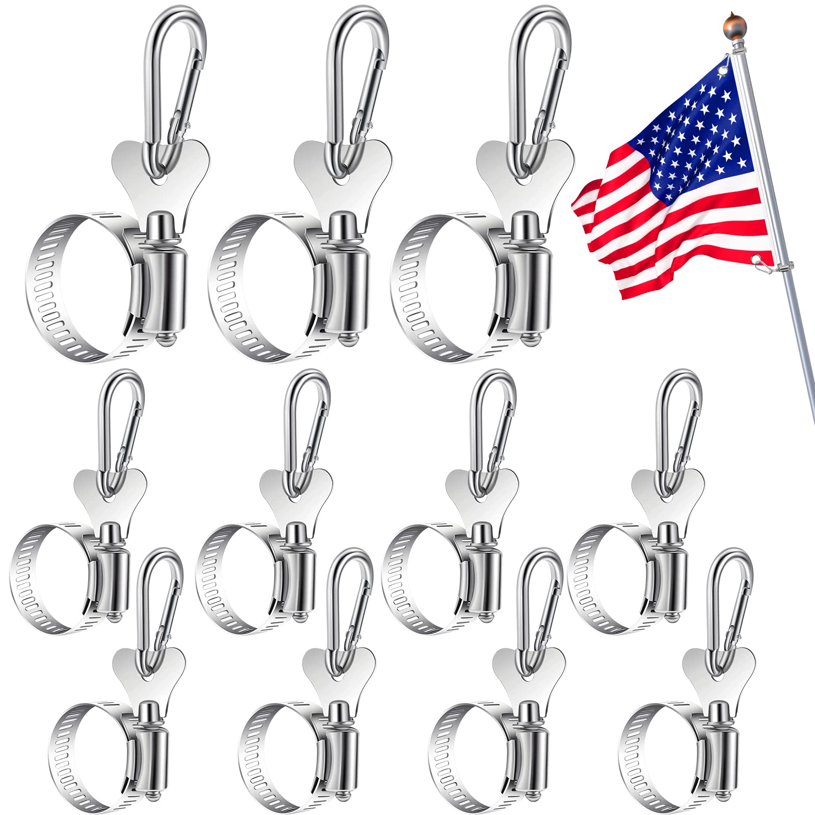 Photo 1 of 20 Piece Bulk Boat Flag Kit - Flag Clips, Rings, Clamp & Bracket - Stainless Steel - American Flag - 0.7 to 1.2 Inch Diameter - Bike, Truck, House, Garden