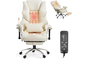 Mvpipi Massage Office Chair with Foot Rest, Ergonomic Executive Heated Office Chair with Reclining Backrest, Adjustable Arms and Lumbar Support, High Back Leather Desk Chairs for Home Office, Beige