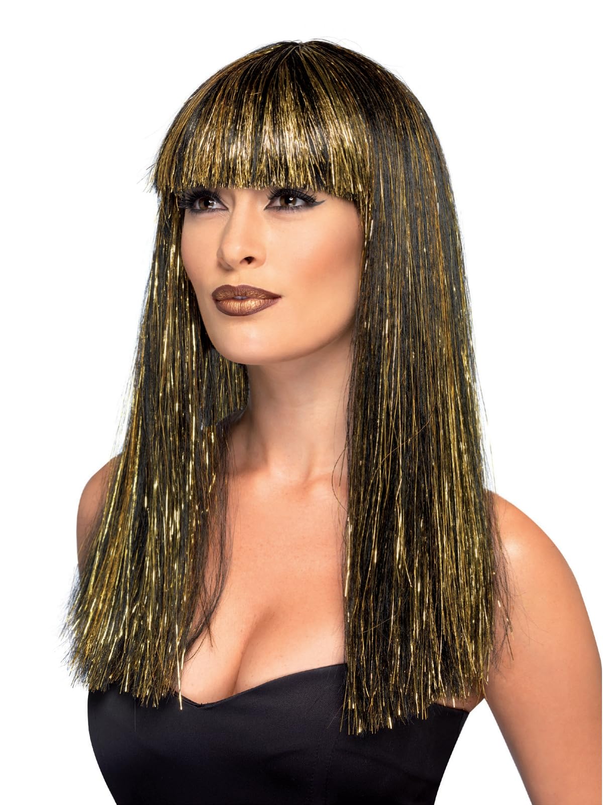 Smiffys Egyptian Goddess Wig, Black with Gold Tinsel, Legends & Myths Fancy Dress, Ancient Egypt Dress Up Wigs Halloween