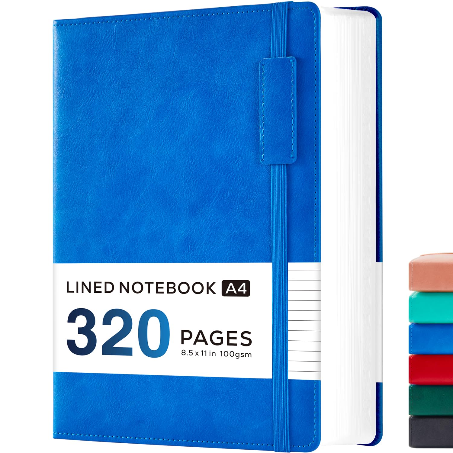 NIRMIRO A4 Lined Notebook Hardback, 320 Pages A4 Notepad, Leather Notebook Journal with 100GSM Thick Paper, Inner Pocket, for School Office Work Writing, 21.5 x 28 cm, Blue