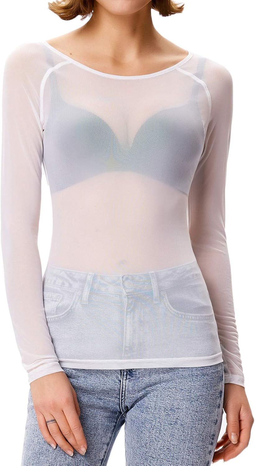 GRACE KARIN Women's Long Sleeve See Through Mesh Sheer Top Blouse Shirt at  Women’s Clothing store