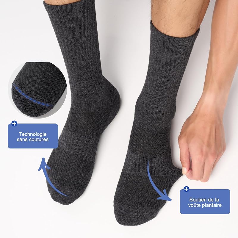 Chaussettes Homme Femme, Chaussettes Sport Respirantes, Chaussettes Coton Sans Couture, Idéales pour Travail, Course, Marche, Casual, Tennis, 6 Paires, Noir Blanc Gris, 39-42 — photo 7 sur 8