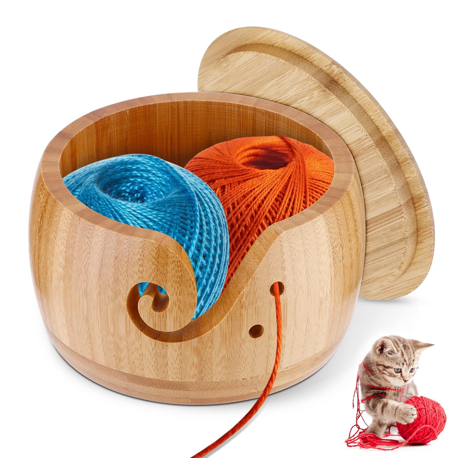 Bamboo Yarn Bowl, Round Shape Yarn Storage Bowl with Removable Lid Handmade Wool Knitting Storage Ball Bowl for Knitting Crocheting, 15.5x9.5CM