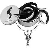 Set of 5 Vintage Music Star Jewelry, M.J Necklace and Signed Wristband Set | Black titanium steel signature wristband, Hand Weave Bracelet, Black and white silicone wristband, Collectible metal gift box