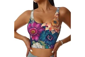 Ginfult Yellow Blue Chrysanthemum Flower Sports Bras for Women U Back Women's Sports Bra Tank Top with Built in Bra Padded