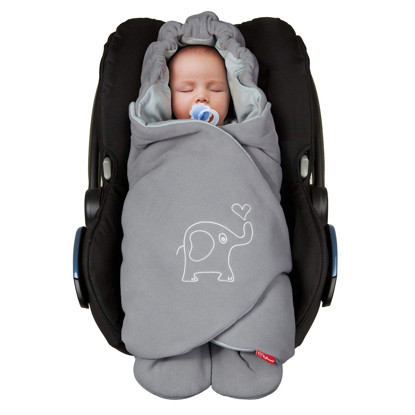 ByBoom - Einschlagdecke für die Übergangszeit und Sommer für Babyschale, Autokindersitz, z.B. Maxi-Cosi, Römer, für Kinderwagen, Buggy, Babytrage, z.B. Manduca, Babybett, Farbe:Dunkelgrau/Grau