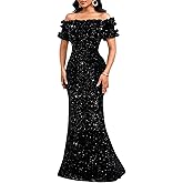 dasmzper Women Sexy Sequin Off Shoulder Ruffle Short Sleeve Bodycon Mermaid Party Formal Evening Maxi Dress