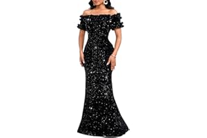 dasmzper Women Sexy Sequin Off Shoulder Ruffle Short Sleeve Bodycon Mermaid Party Formal Evening Maxi Dress