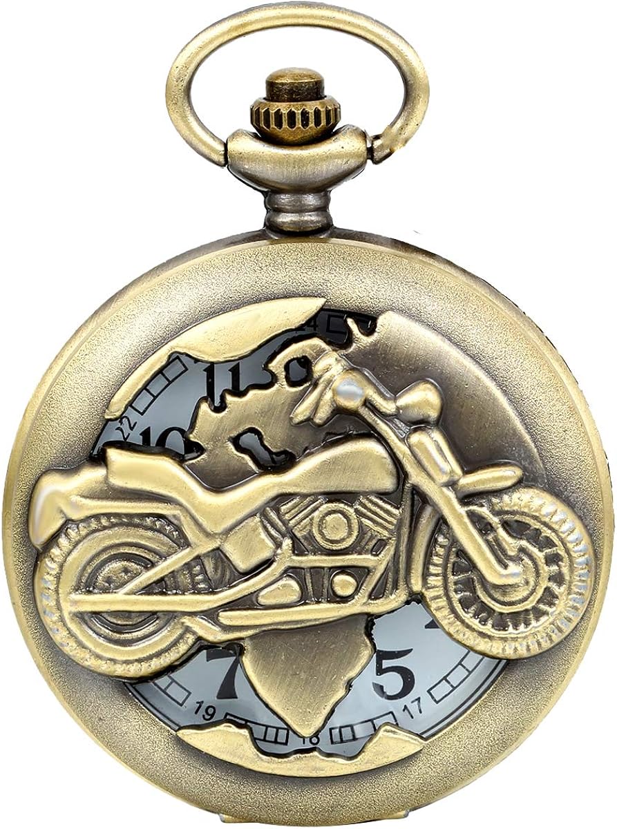 Jewelrywe Steampunk Pocket Watch,Bronze Biker Motorcycle Motorbike Moto Pocket Watch Necklace