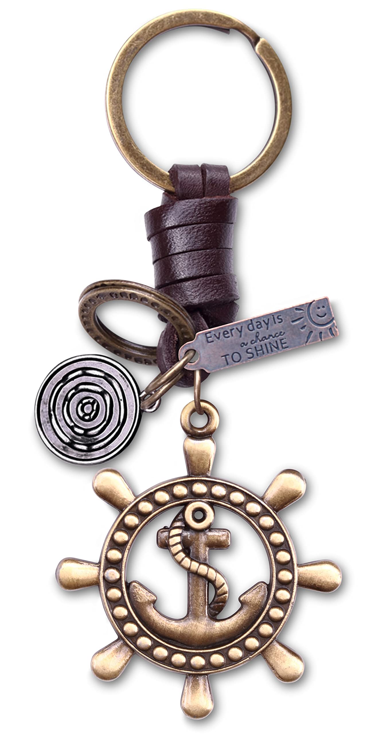 AuPra Anchor Keyring Gift for Women & Men | Handmade Leather Ship Wheel Key Ring | Vintage Charm for Home, Car & Door Keys | Ship Sailor Keychain Present for Her & Him