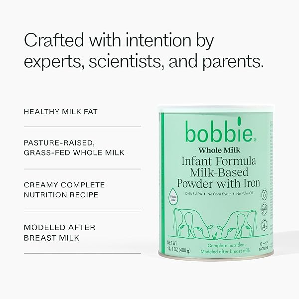 BOBBIE WHOLE MILK, GRASS FED BABY FORMULA WITH IRON, PLANT BASED DHA AND ARA, VITAMIN D AND PROTEIN BLEND MODELED AFTER BREAST MILK, FOR NEWBORN BABY TO 12 MONTH OLD, 14.1 OZ