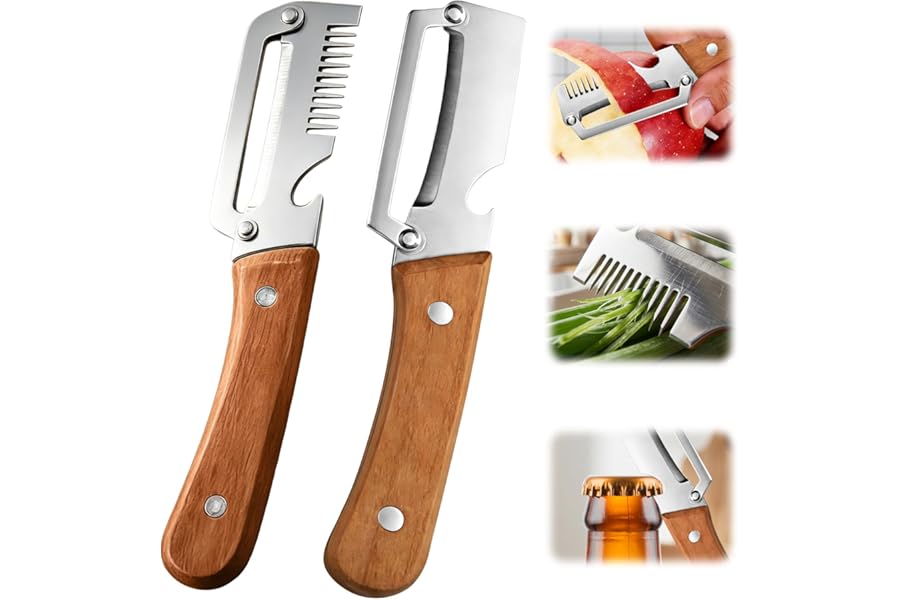 2026 Upgrade Vegetable Peeler With Wooden Handle, Stainless Steel Wide Blade Potato and Carrot Peeler, 3-in-1 Veggie Peeler With Scallion Shredder and Bottle Opener for Kitchen, Camping and Trave