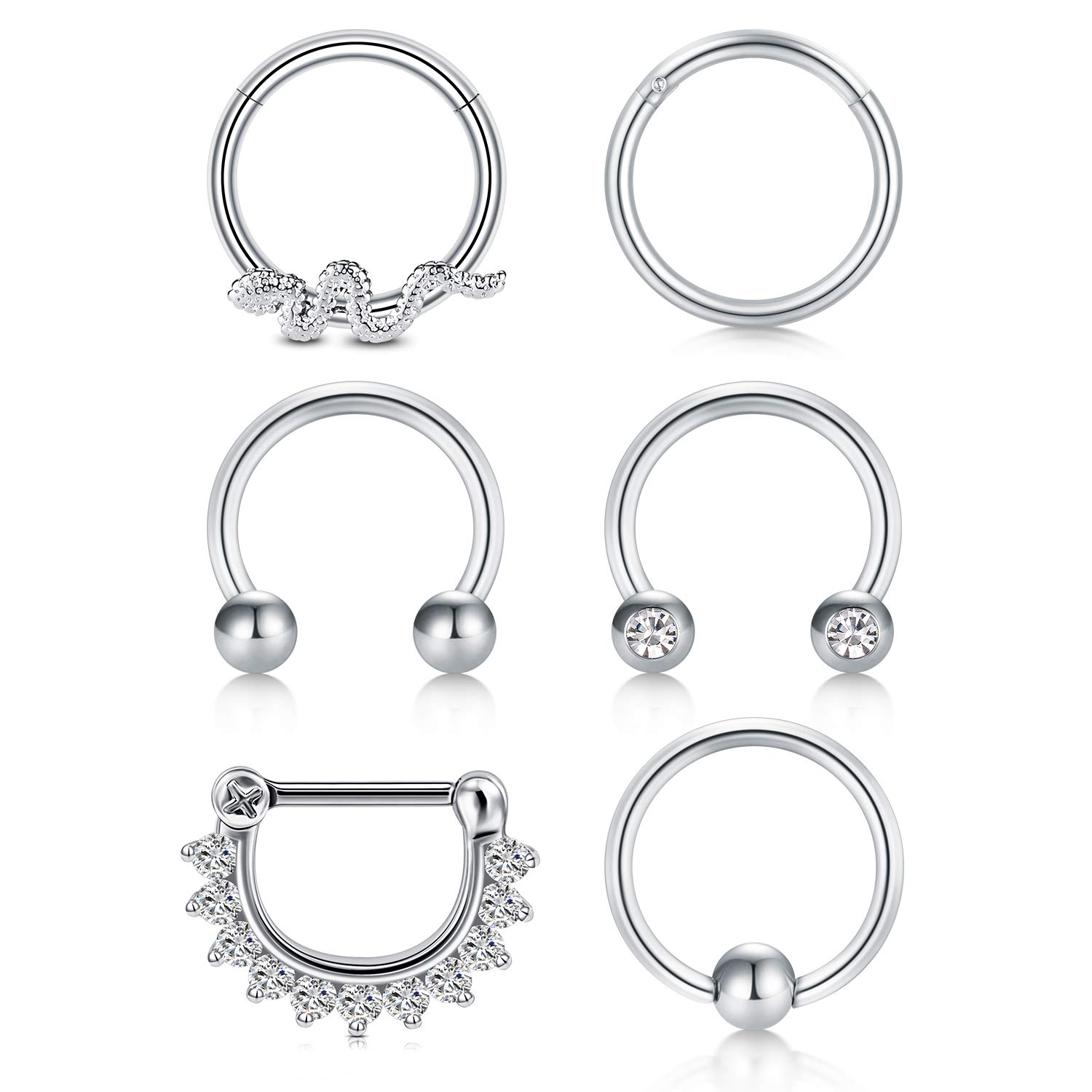 Briana Williams 6pcs Septum Nose Ring Clicker Set 16G 8mm Surgical Steel Helix Tragus Daith Cartilage Piercing Ring