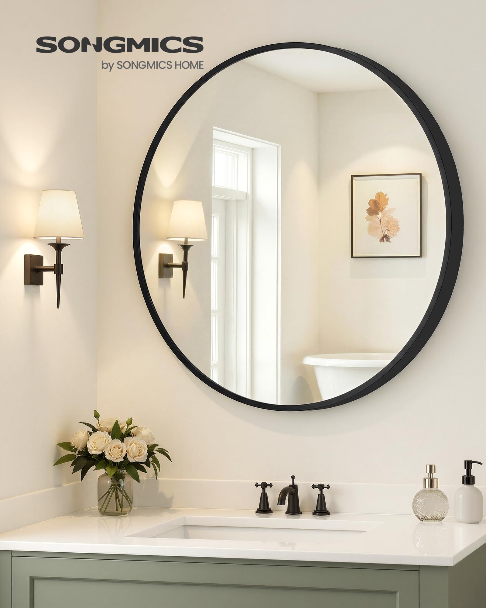 SONGMICS 105 cm d Spiegel rund, runder Spiegel, Wandspiegel, Metallrahmen, einfache Montage, modern, für Bad, Wohnzimmer, Schlafzimmer, Flur, Eingangsbereich, tintenschwarz LWM106BD01 2