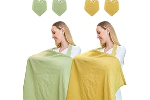 TATAVR 2Pack Muslin Nursing Cover for Breastfeeding, Breathable 100% Cotton Privacy Nursing Covers with Rigid Hoop for Mother Nursing Apron, Include Two Baby Bibs, Soft Arch Neckline Nursing Apron