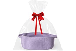 WILLITAT Small Baskets for Gifts Empty, 13"x 9"x 5" Woven Gift Basket with Bag and Ribbon, Cotton Rope Kids Dog Cat Toy Bin Box, Cute Baby Nursery Organizer, Decorative Storage with Handles,Purple