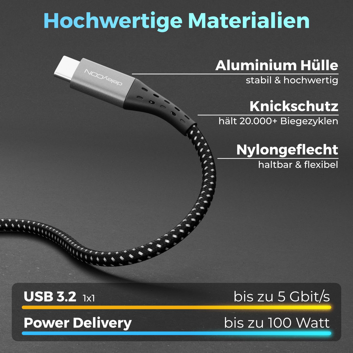 deleyCON 1,5m USB C Kabel PD3.0 (100W Schnellladekabel + Datenkabel 5 Gbit/s) Ladekabel USB-C auf USB-C für iPhone 17 16 15 Pro Max Air Galaxy S25 S24 S23 Pixel iPad Pro MacBook Air Tablets Switch PS5 4