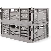 2 Pack Stackable Storage Crates, Plastic Foldable Baskets Large, Gray | Easy-carry handles, suitable for toys books groceries office supplies and household storage for home office shopping