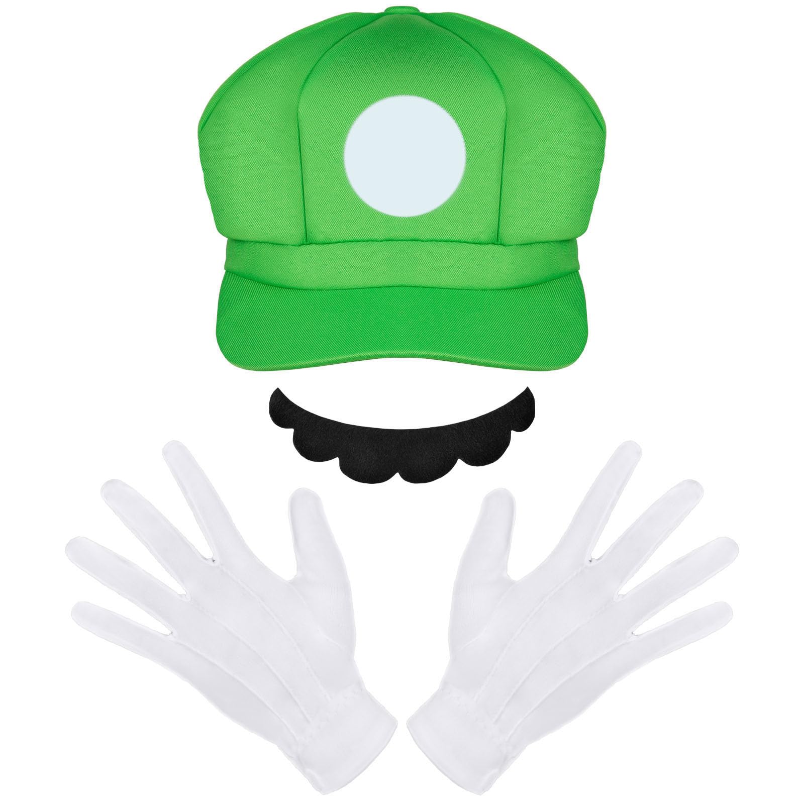 Aomig 3 Pcs Mario Cosplay Costume Accessories Kits, Mario Baseball Cap Mario Gloves and Mario Beard, Mario costume cap for adults, Mario Snapback Cap for Mardi Gras, Carnival & Cosplay(Green) — image 1