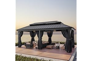 HOTEEL 12x20 Hardtop Gazebo on clearance with Metal Roof & Drainage System, Heavy Duty Galvanized Steel Gazebo with Aluminum Frame, Privacy Curtains and Netting, for All-Weather, Black (2025 Upgraded)